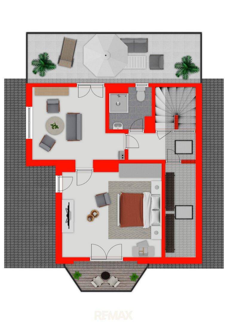 Grundriss des Dachgeschosses mit Schlafzimmer, Bad und Dachterrasse.