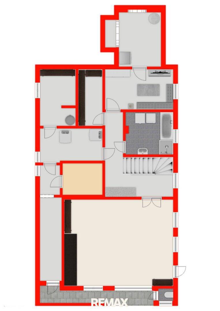 Grundriss des Erdgeschosses mit offenem Wohnbereich, Küche, Bad und separatem WC.
