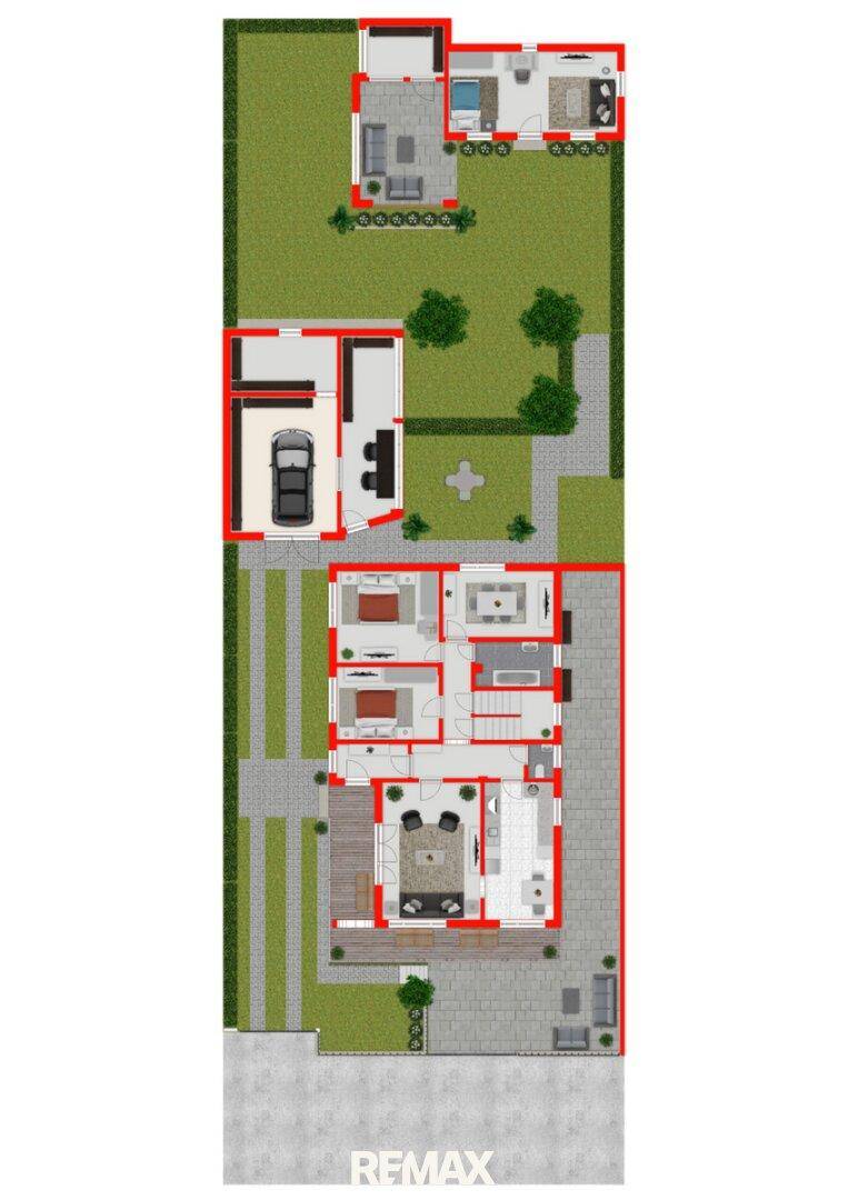 Gesamtgrundriss des Anwesens mit Haus, Garten, Garage, Terrasse und Poolbereich.
