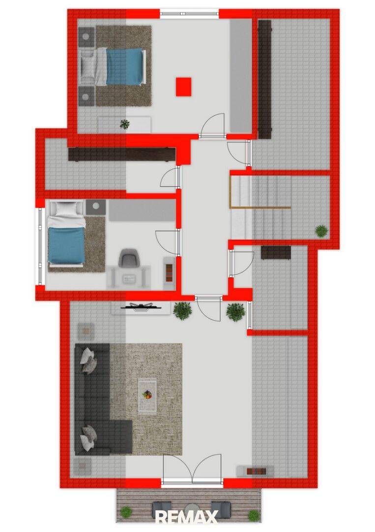 Grundriss des Obergeschosses mit zwei Schlafzimmern, Wohnzimmer, Bad und Balkonzugang.