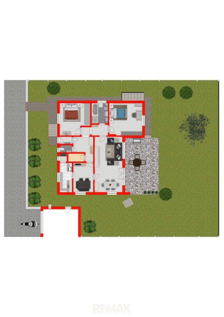 Grundriss des Erdgeschosses mit Wohnbereich, Schlafzimmern und Terrasse.