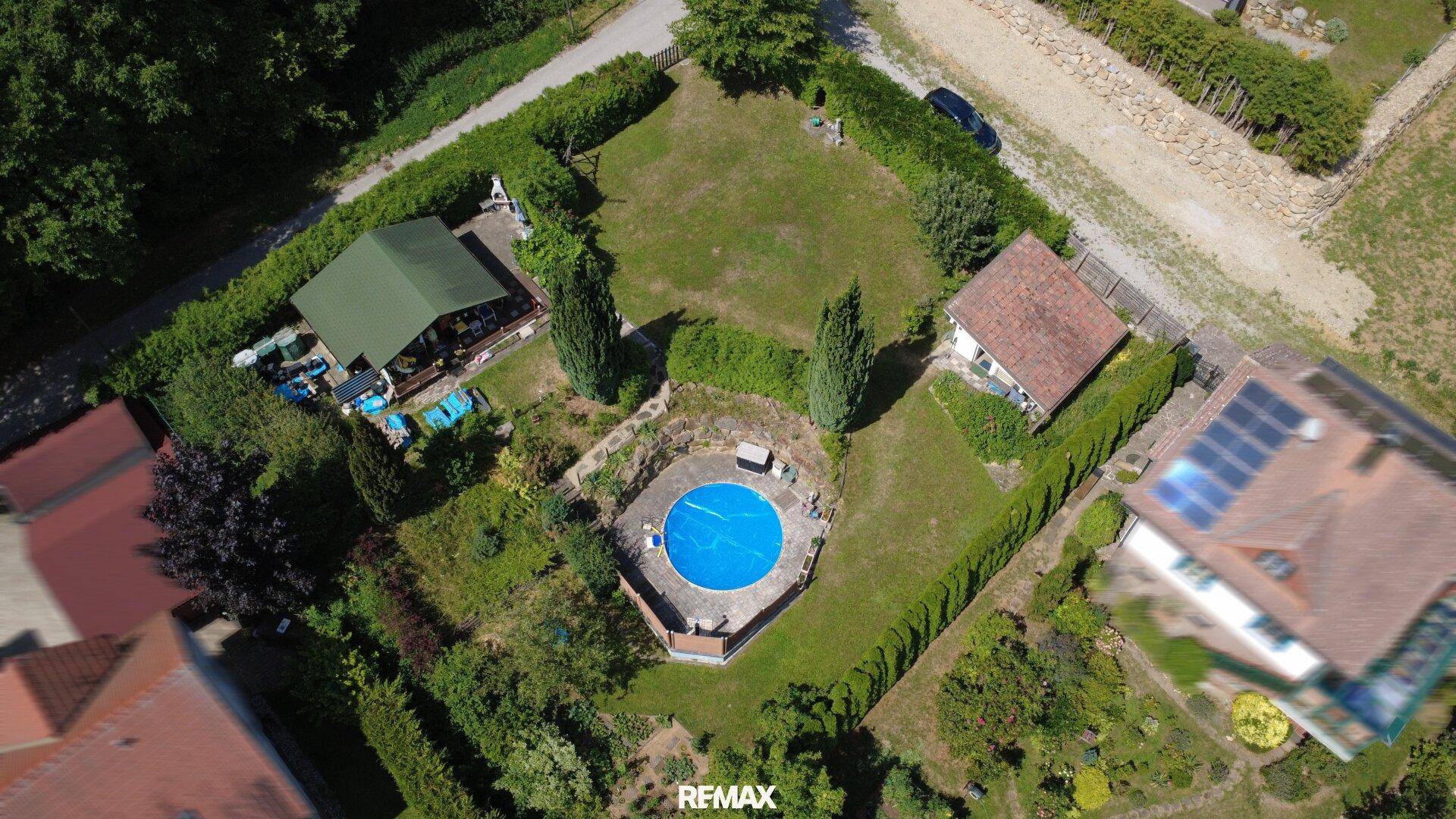 Vogelperspektive des Grundstücks mit Schwimmbad, Garten und angrenzenden Häusern.