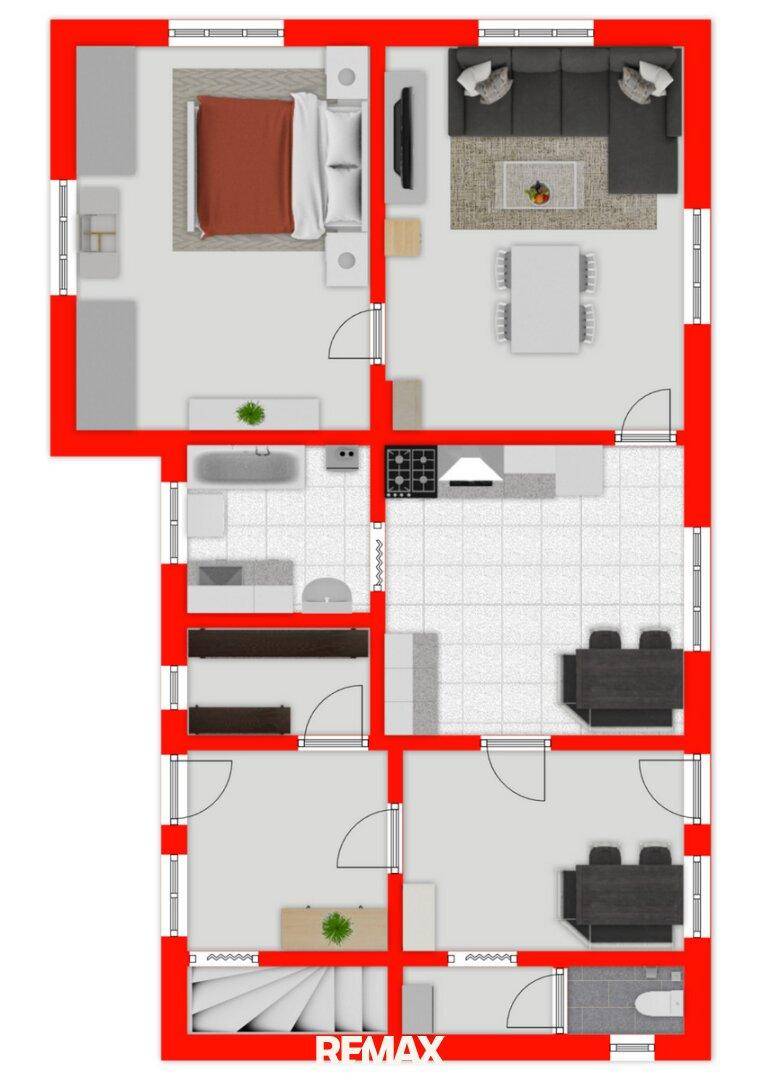 Grundriss des Erdgeschosses mit Schlafzimmer, Wohnzimmer, Küche und Bad.