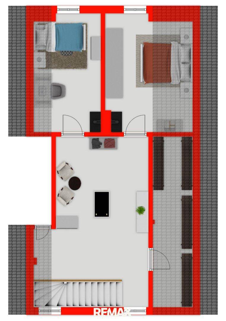 Grundriss des Obergeschosses mit zwei Schlafzimmern und offenem Bereich.