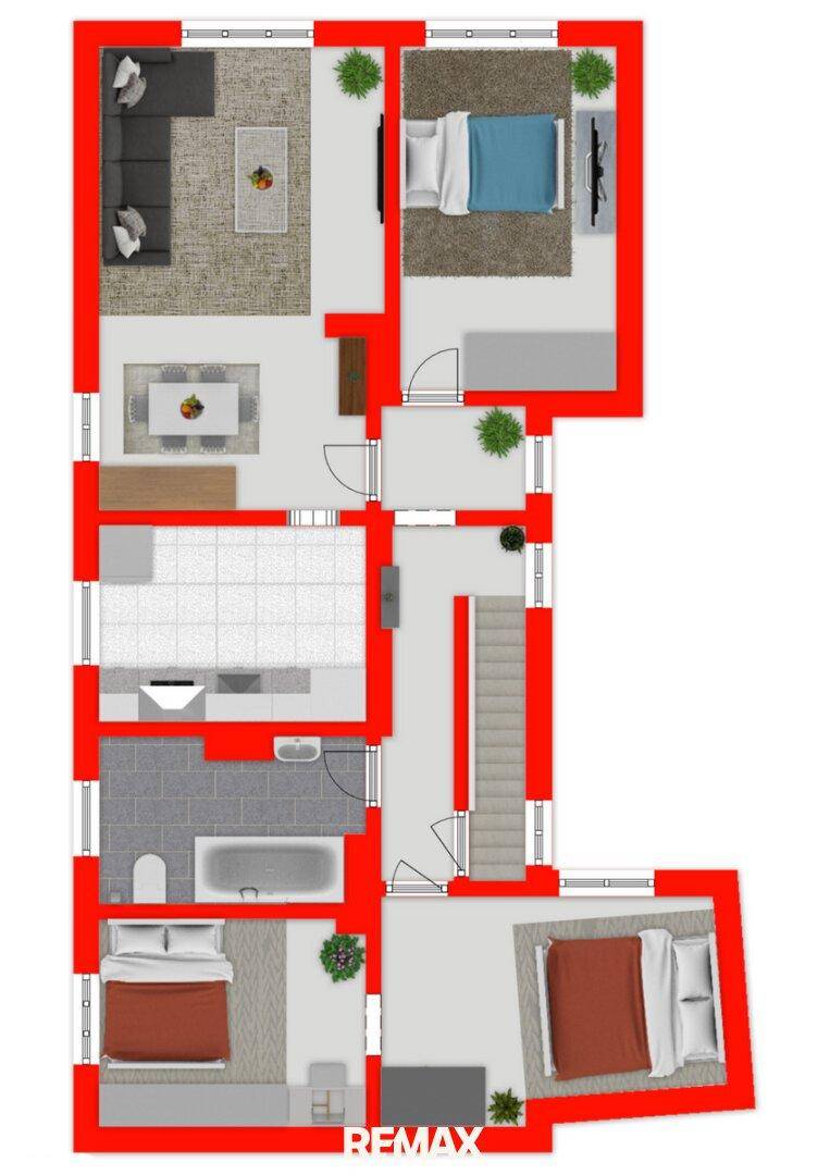 Übersichtlicher Grundriss einer Wohnung mit offenem Wohnbereich, Balkon und zwei Bädern.