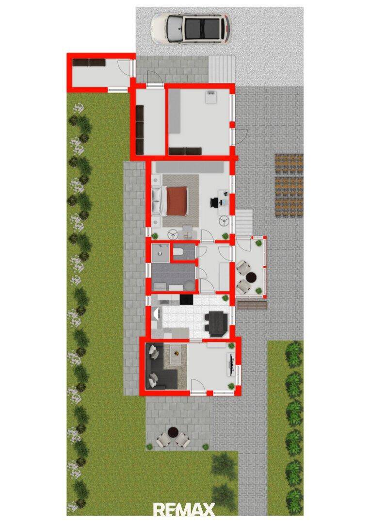 Detaillierter Grundriss des Erdgeschosses mit Zimmeraufteilung und Außenbereich.