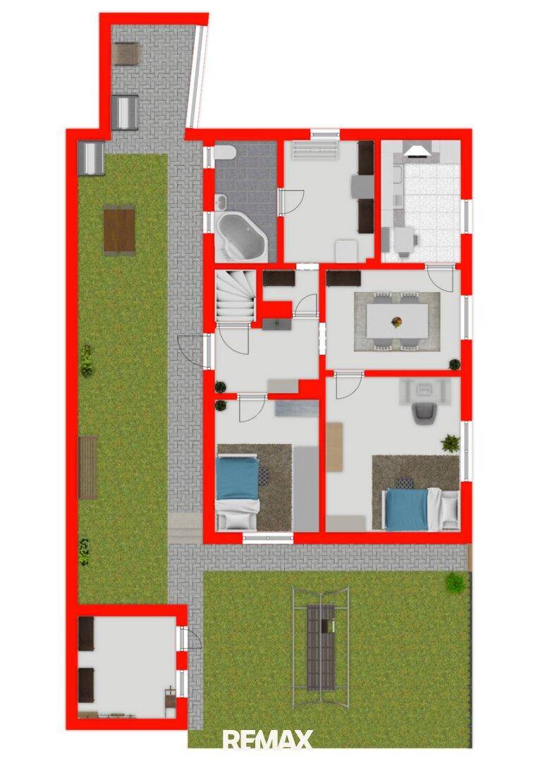 Detaillierter Grundriss des Erdgeschosses mit mehreren Räumen, Garten und Außenbereich.
