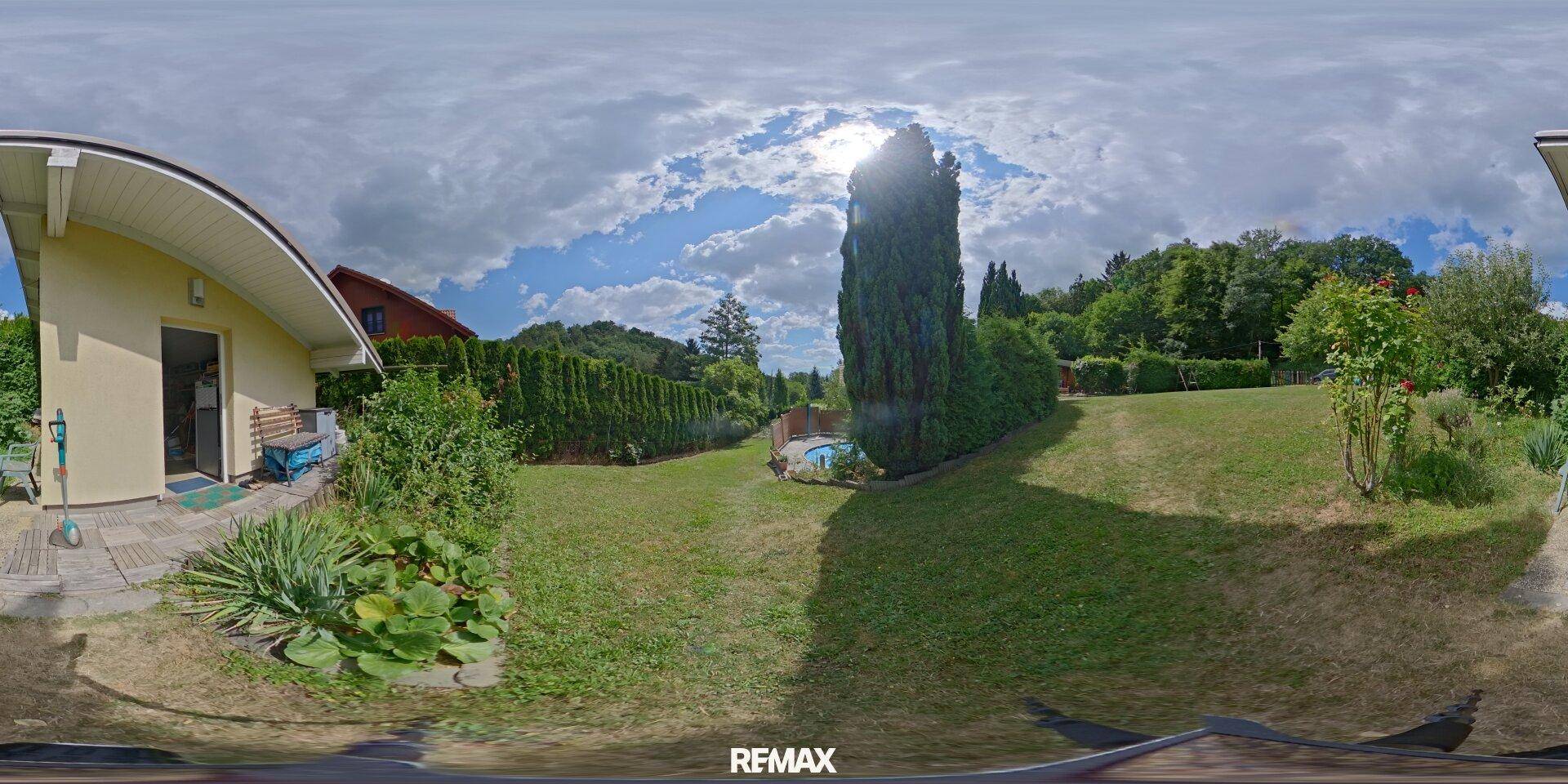 Panoramablick auf den Garten mit Nebengebäude, Rasen und üppiger Vegetation.