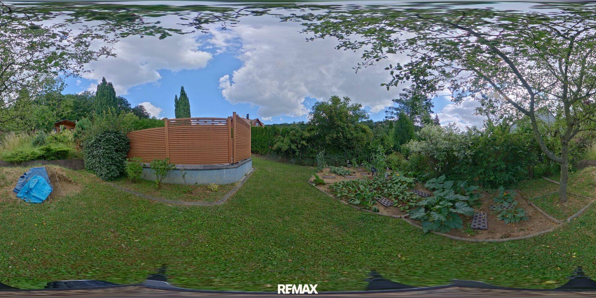 Panoramablick auf den Nutzgarten mit verschiedenen Pflanzen und umgebendem Grün.