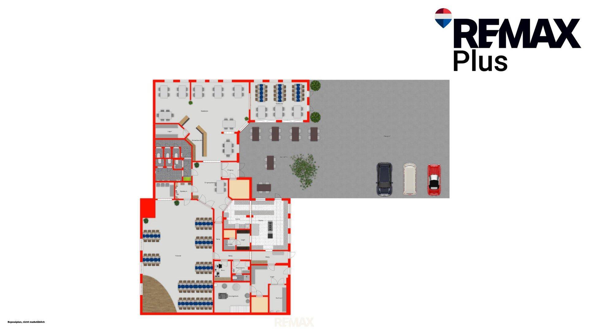 Erweiterter Grundrissplan des Gewerbeobjekts inklusive Außenparkplätzen und detaillierter Raumaufteilung.
