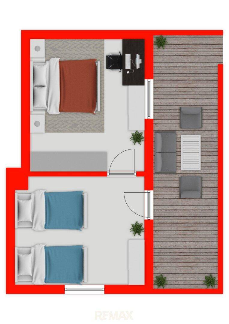 Detaillierter Grundriss des Obergeschosses mit Schlafzimmern und großer Terrasse.