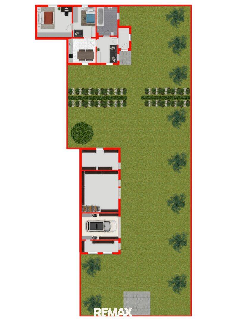 Grundriss des Anwesens mit Hauptgebäude, Nebengebäude und großem Gartenbereich.