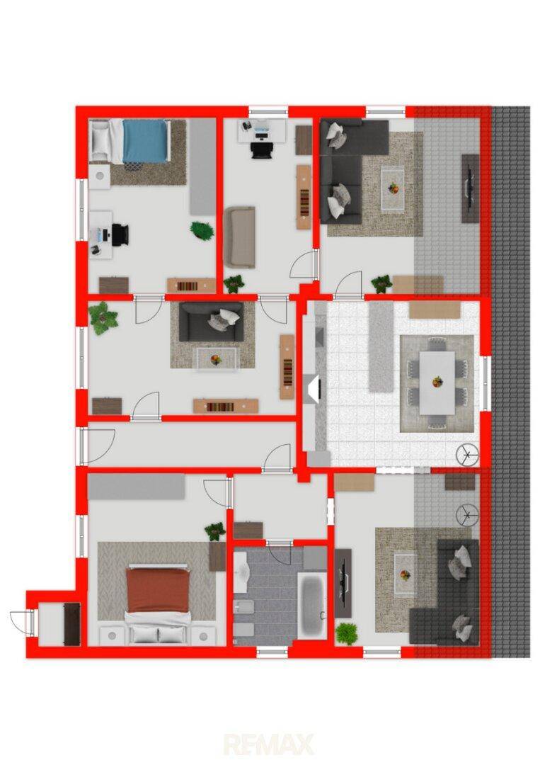 Detaillierter Grundriss einer Wohnung mit mehreren Schlafzimmern, Wohnbereichen und einem Badezimmer.