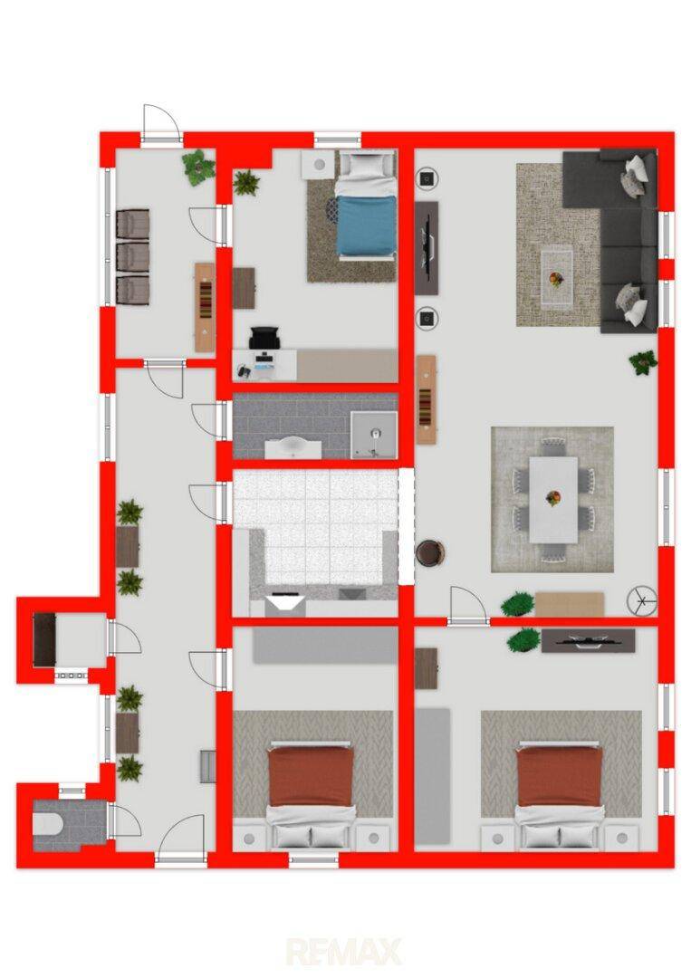 Grundriss des Obergeschosses mit offenem Wohnbereich, Balkon und Gäste-WC.