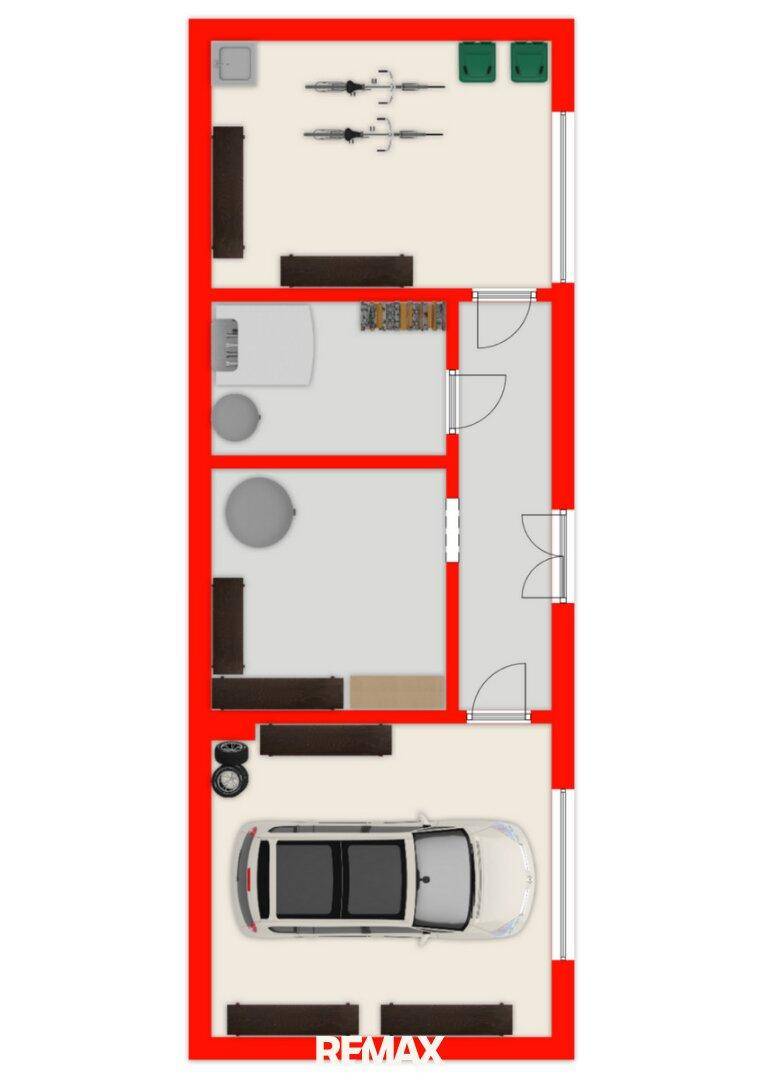 Grundriss des Erdgeschosses mit Garage, Abstellraum und Fahrradabstellplatz.