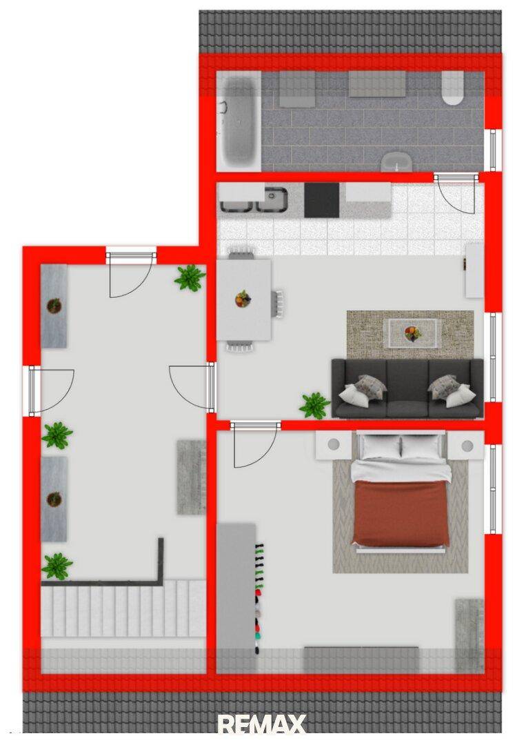 Farbiger Grundriss einer Wohnung mit Schlafzimmer, Wohnbereich, Küche und Bad.