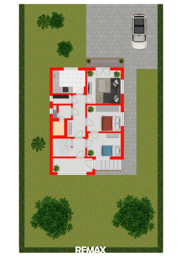 Grundriss des Erdgeschosses mit Wohnbereich, Küche, Schlafzimmern und Garten.