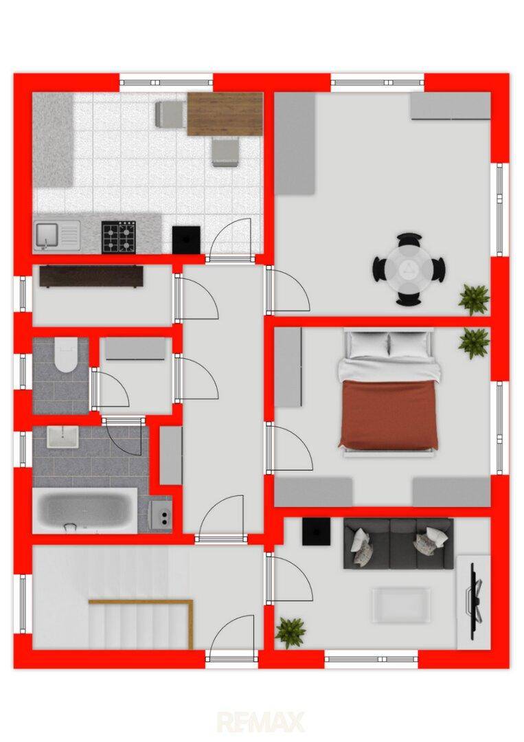 Detaillierter Grundriss des Erdgeschosses mit Küche, Bad, Schlafzimmer und Wohnbereich.