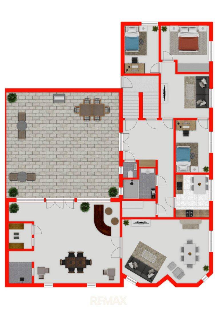 Grundriss des Obergeschosses mit mehreren Schlafzimmern, Bädern und einer großen Dachterrasse.