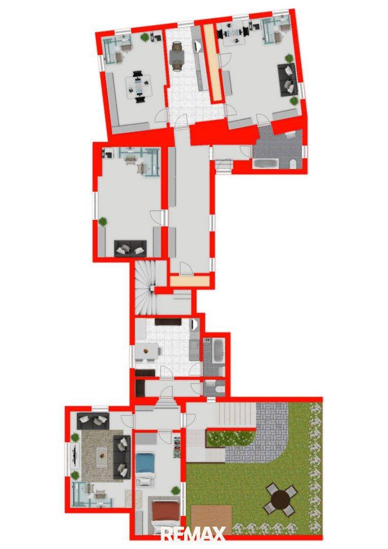 Übersichtlicher Grundriss des Obergeschosses mit Schlafzimmern, Bädern und Balkonen.