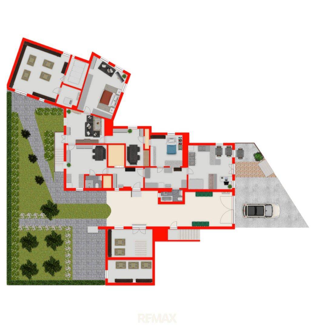 Detaillierter Grundriss des Erdgeschosses mit Wohnbereichen, Garage und Garten.