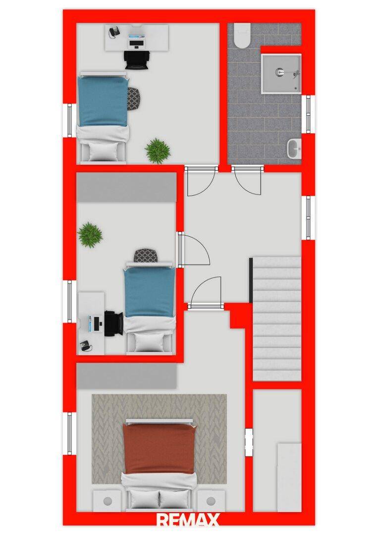 Grundrissplan des Obergeschosses mit drei Schlafzimmern und einem Badezimmer.