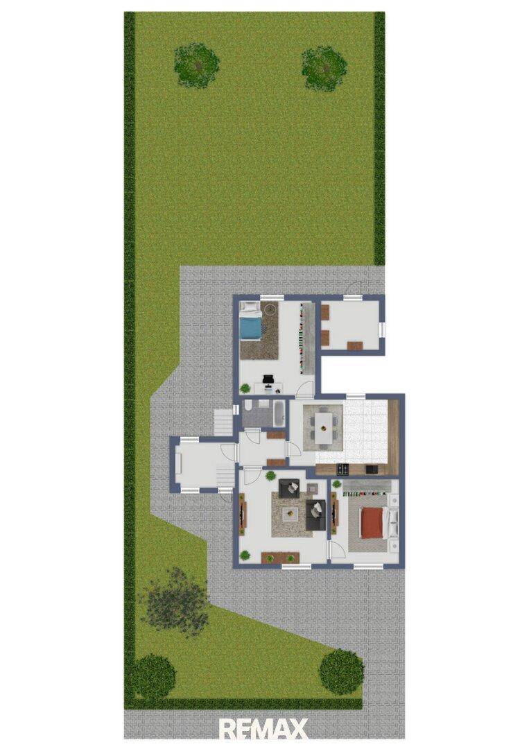 Grundriss des Erdgeschosses mit Wohnbereich, Schlafzimmern und Garten.