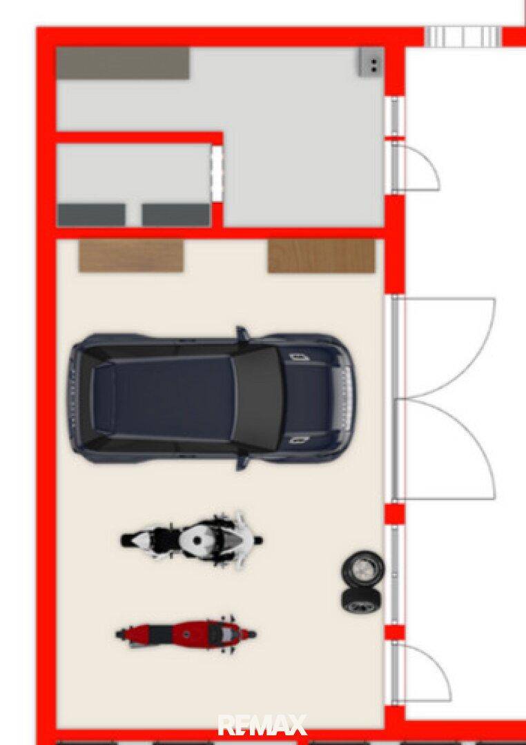 Grundrissplan einer Garage mit Stellplatz für ein Auto und Motorräder.