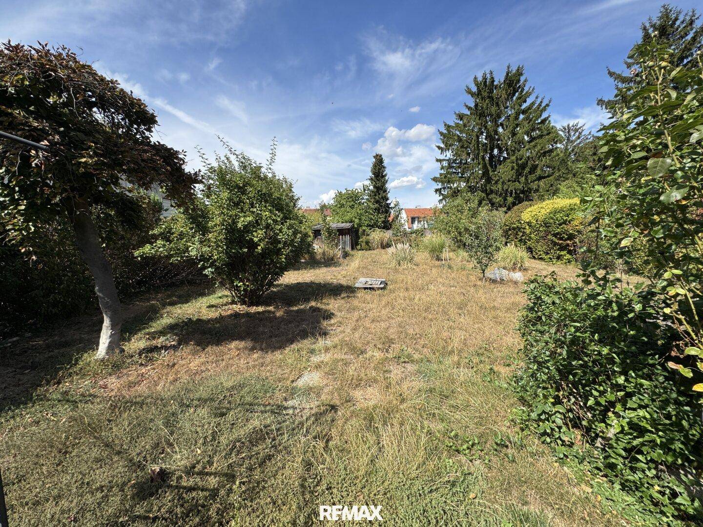 Weitläufiger Garten mit Rasenfläche und verschiedenen Bäumen, bietet viel Platz im Grünen.