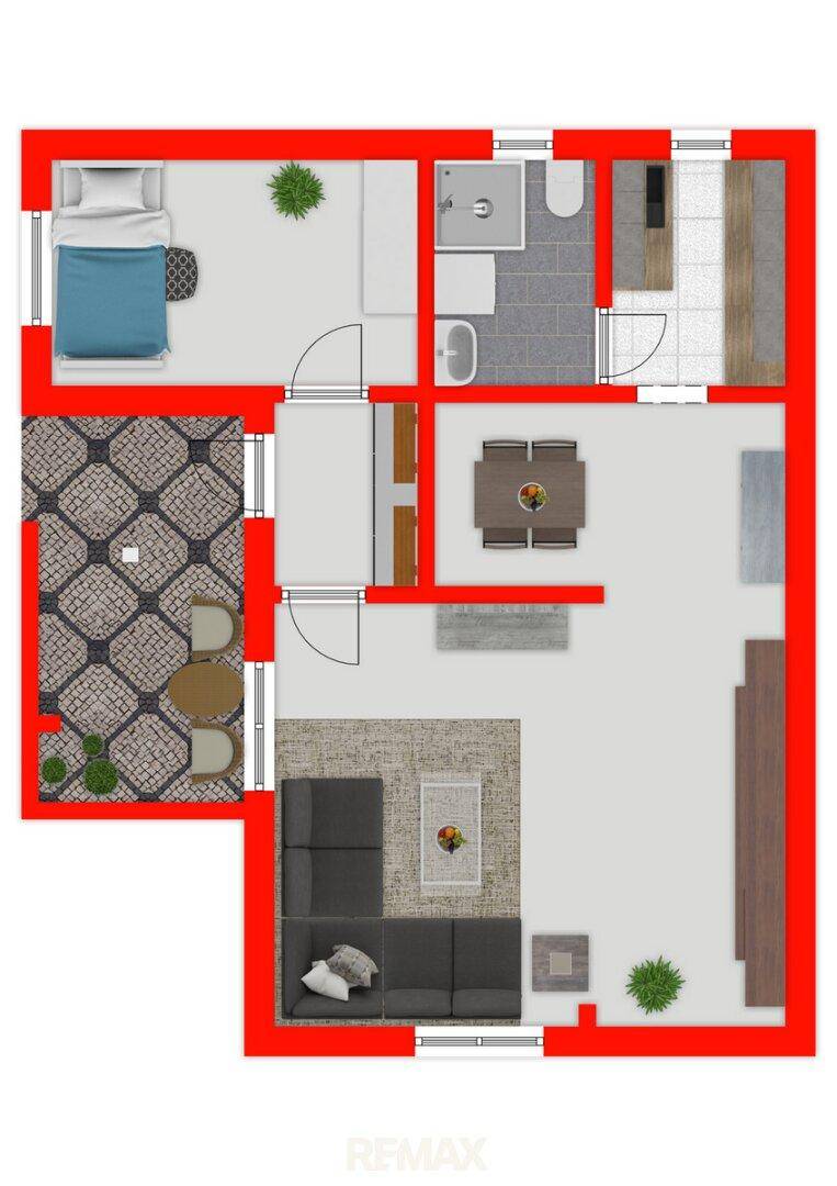 Grundriss mit Wohnzimmer, Schlafzimmer, Küche, Essbereich, Badezimmer und Terrasse.