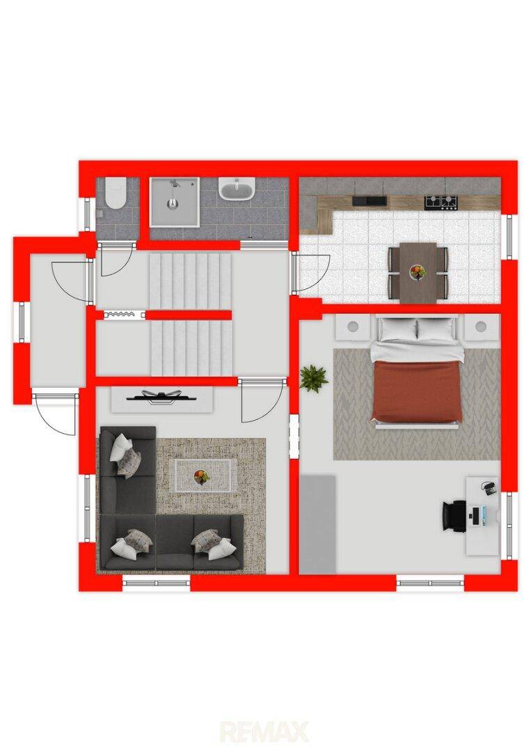 Grundriss mit Wohnzimmer, Schlafzimmer, offener Küche mit Essbereich und Badezimmer.