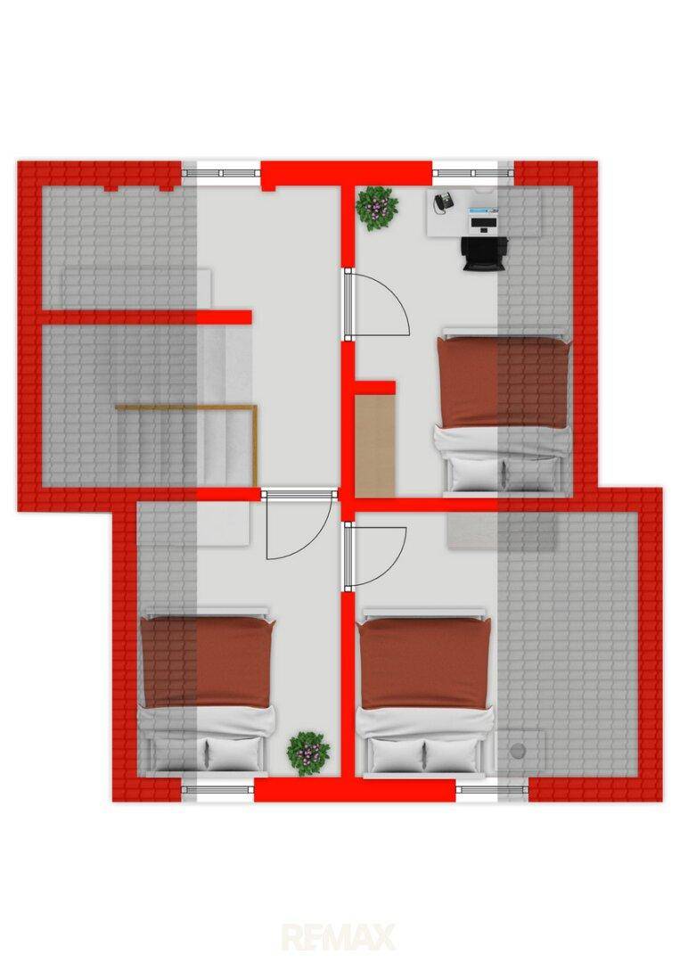 Grundriss mit zwei Schlafzimmern, einem Arbeitsbereich und zwei Balkonen.