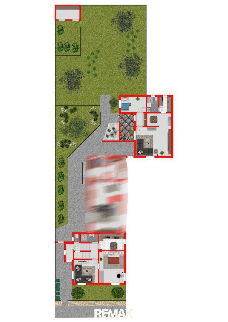 Grundrissplan zeigt zwei Wohneinheiten mit Gartenbereichen und Zufahrt.