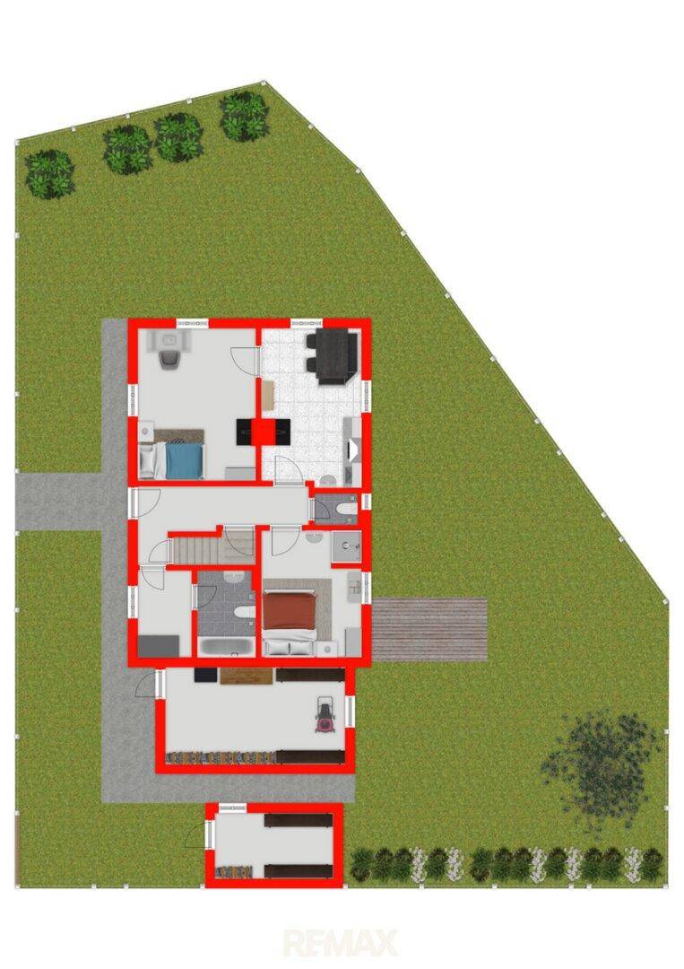 Grundriss des Erdgeschosses mit Wohnbereichen, Schlafzimmern und Terrasse.
