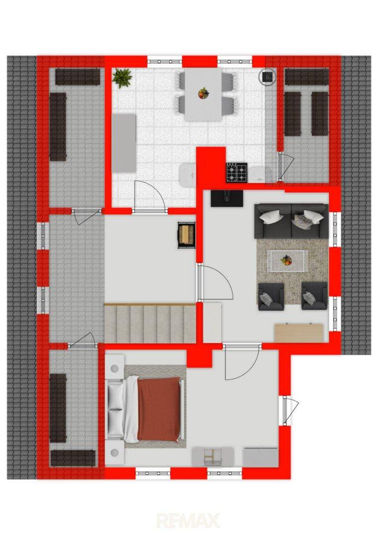Grundriss des Obergeschosses mit Schlafzimmer, Wohnzimmer und Balkonen.