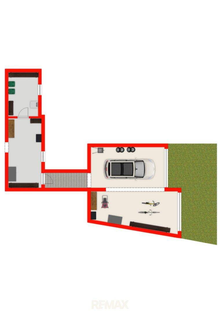 Grundriss des Untergeschosses mit Garage und Abstellräumen.
