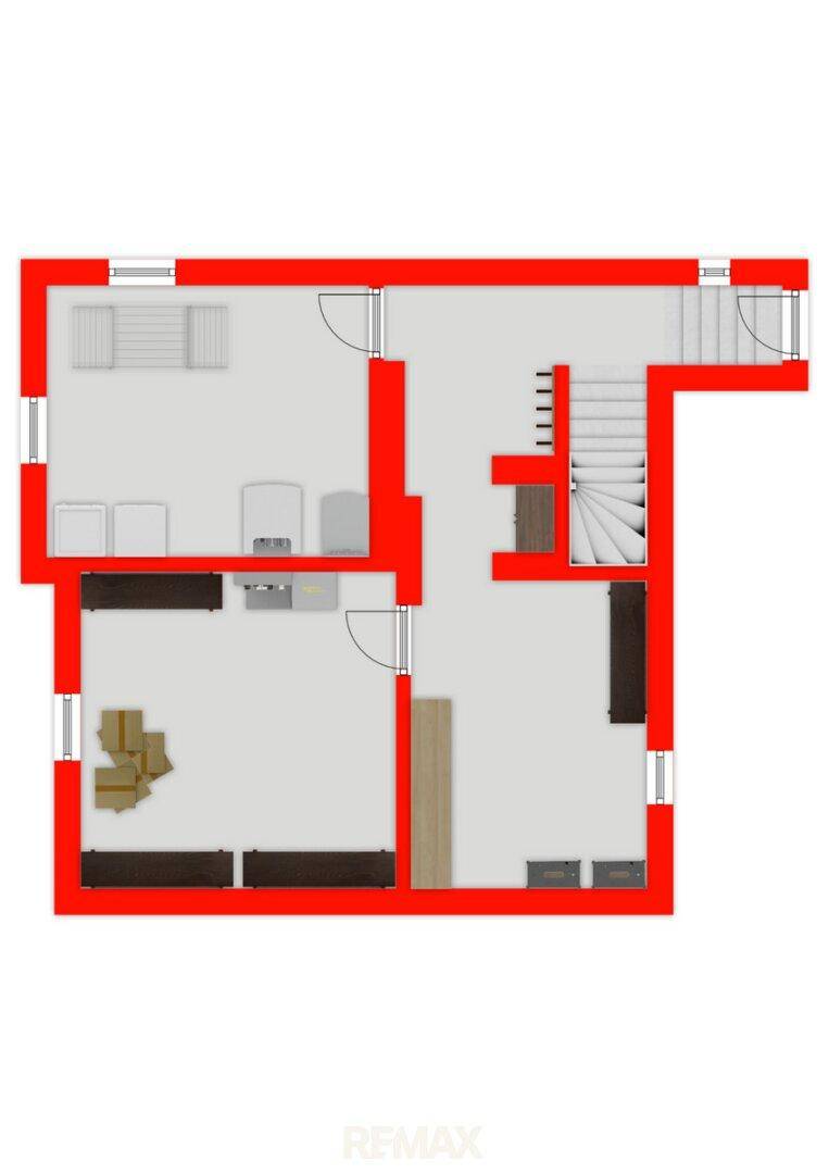 Grundriss des Kellergeschosses mit Treppenhaus und verschiedenen Räumen.