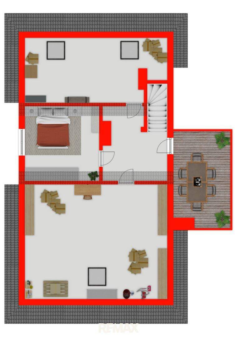 Grundriss des Obergeschosses mit Schlafzimmer, Wohnbereich und großer Terrasse.
