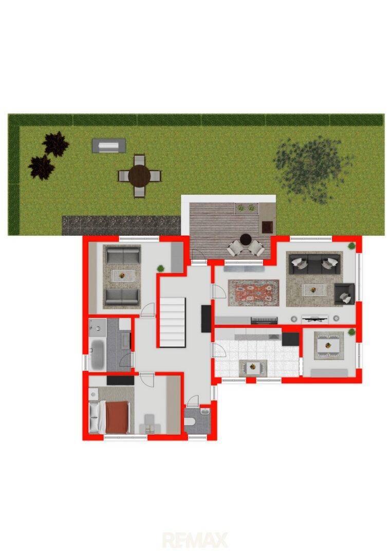 Grundriss des Obergeschosses mit Wohnbereich, Schlafzimmer und Zugang zur Terrasse und Garten.