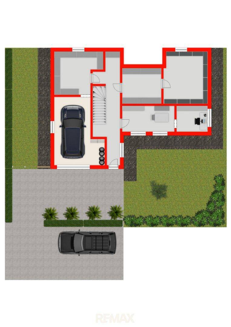 Grundriss des Erdgeschosses mit Garage, Eingangsbereich und weiteren Räumen.