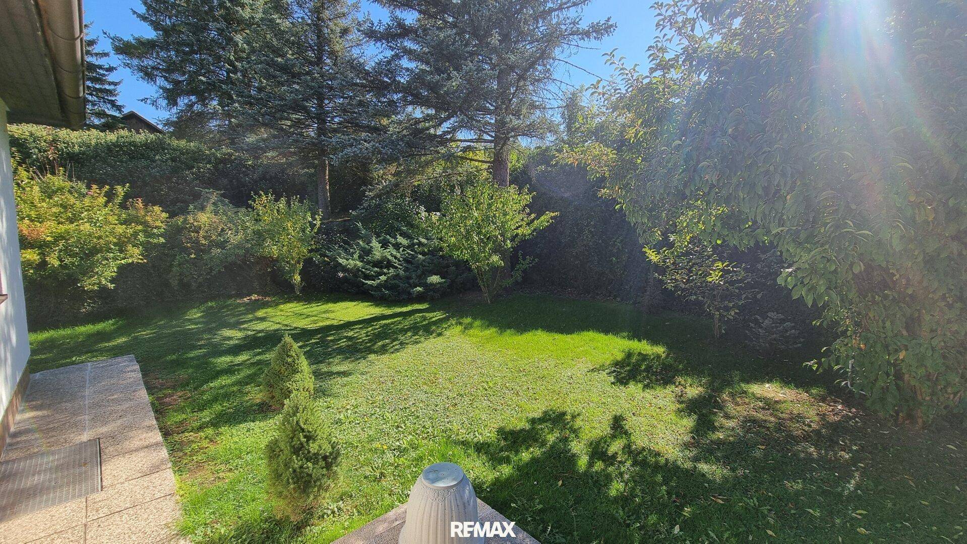 Weitläufiger Gartenbereich mit üppiger Vegetation und hohen Bäumen, bietet viel Privatsphäre.