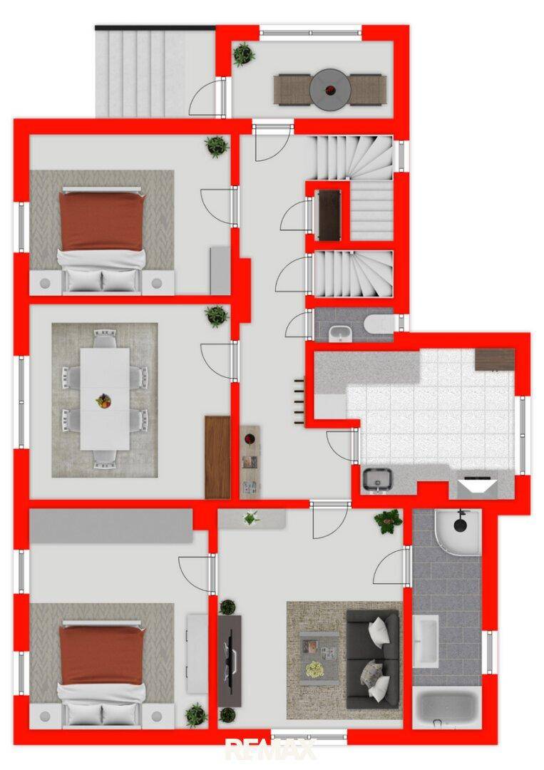 Grundriss des Erdgeschosses mit Wohnbereich, Schlafzimmern und Badezimmer.