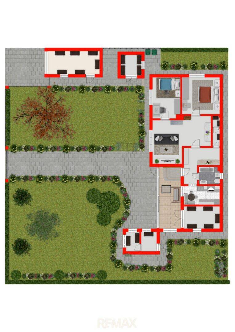 Grundriss des Erdgeschosses mit Wohnbereichen, Garten und Garage, zeigt offene Gestaltung.