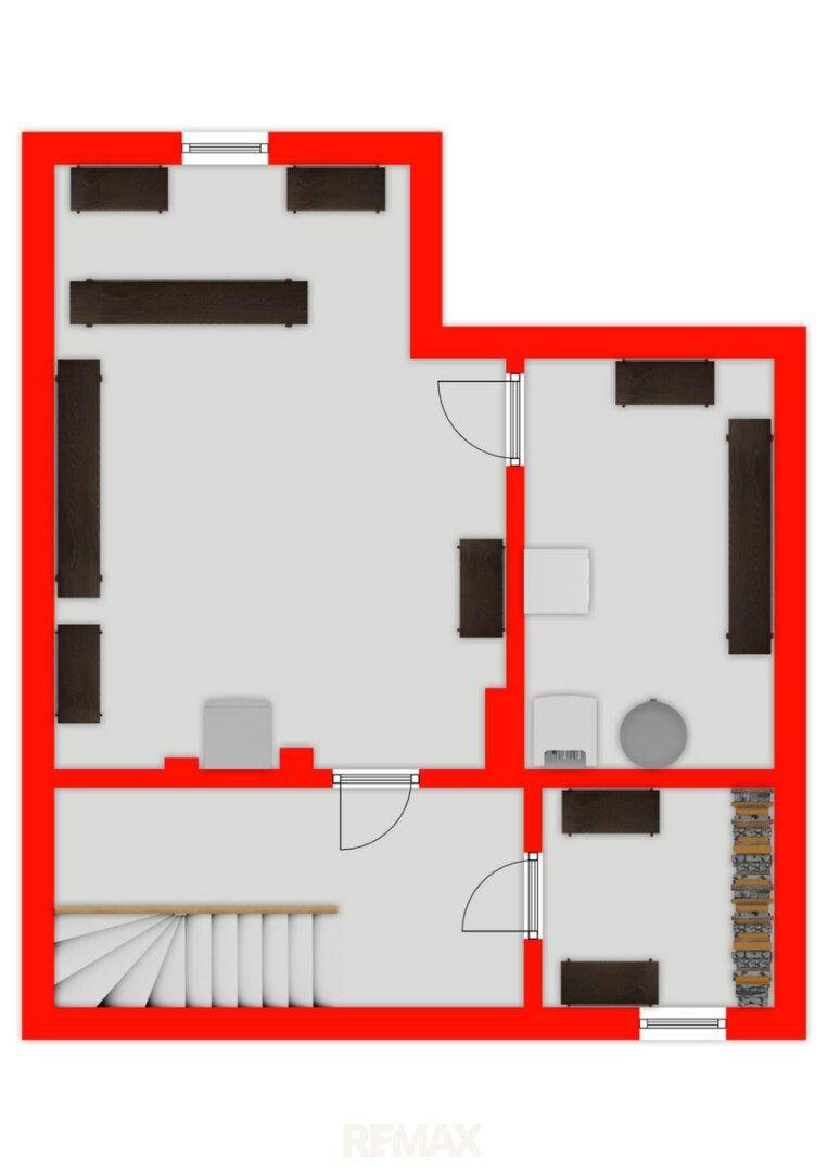 Grundriss des Untergeschosses mit Treppe und verschiedenen Räumen.