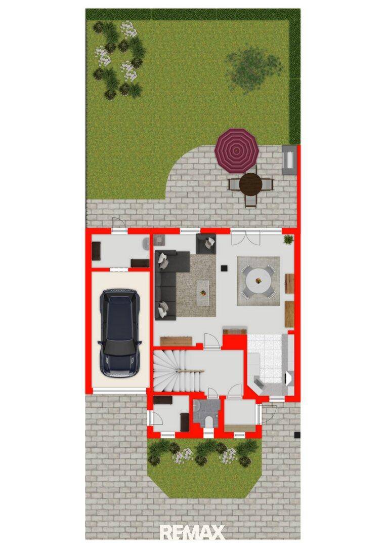 Grundriss des Erdgeschosses mit Wohnbereich, Küche, Garage und Garten.