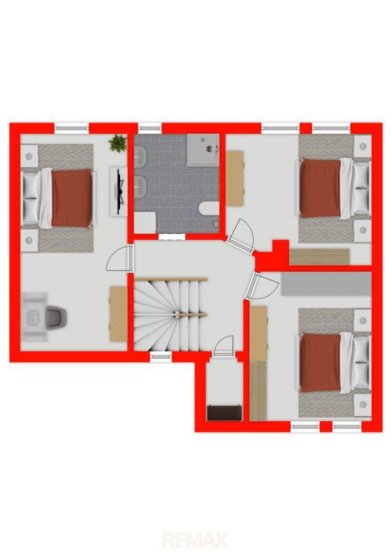Grundriss des Obergeschosses mit drei Schlafzimmern und einem Badezimmer.