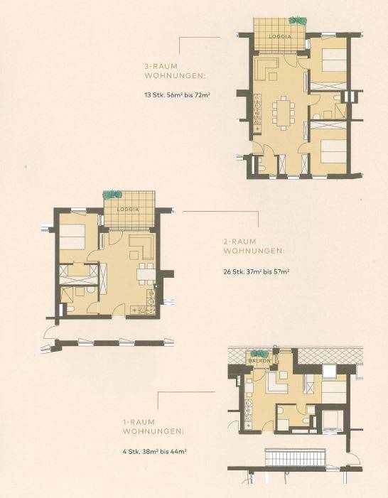 Übersicht verschiedener Grundrisse für 1-, 2- und 3-Zimmer-Wohnungen mit Loggien und Balkonen.