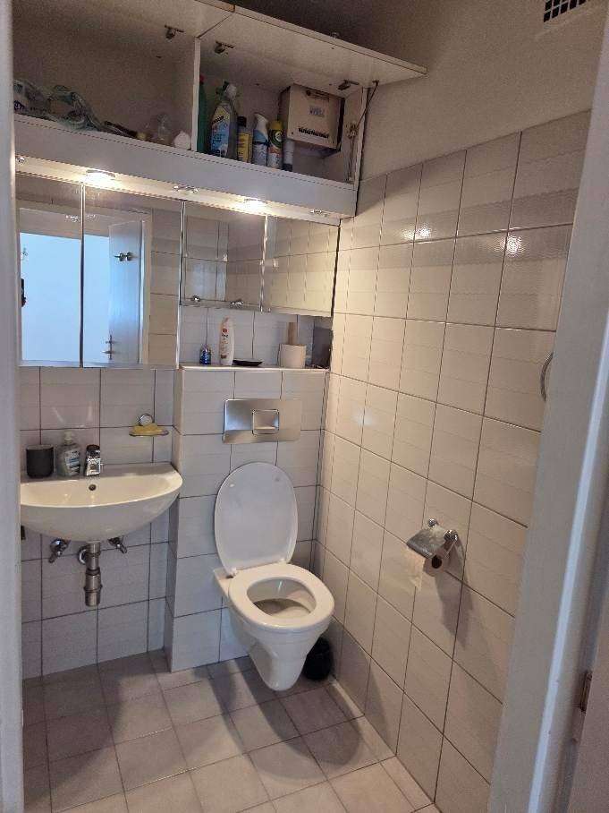 Kleines Badezimmer mit weißen Fliesen, WC, Waschbecken und Spiegelschrank.