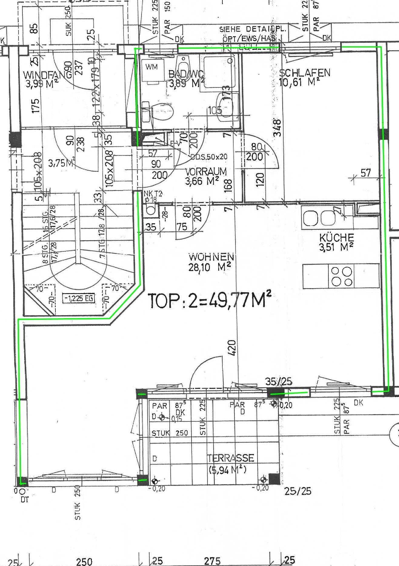 Grundriss der Wohnung mit Wohnzimmer, Küche, Bad, Schlafzimmer und Terrasse.