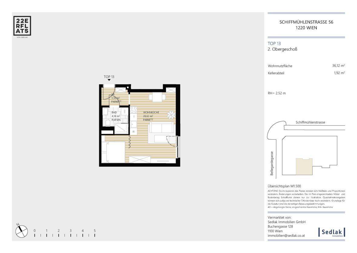 Übersichtlicher Grundriss einer kleinen Wohnung mit Schlafzimmer, Bad und offenem Wohnbereich.
